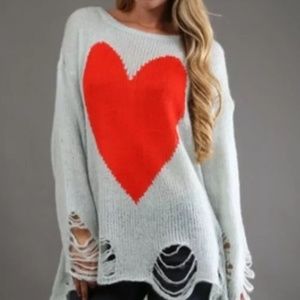 Wildfox distressed heart sweater light blue
